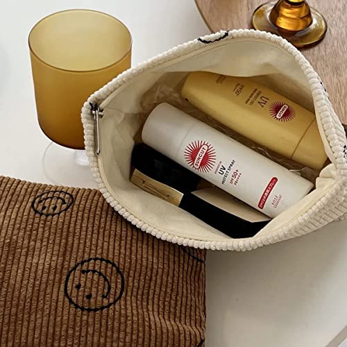 Smiley Face Makeup Bag, Aesthetic Preppy Makeup Bag, Corduroy Cosmetic Bag For Purse, Cute Smile Dots Makeup Pouch With Zipper For Women Toiletry Travel Girls #TOP3