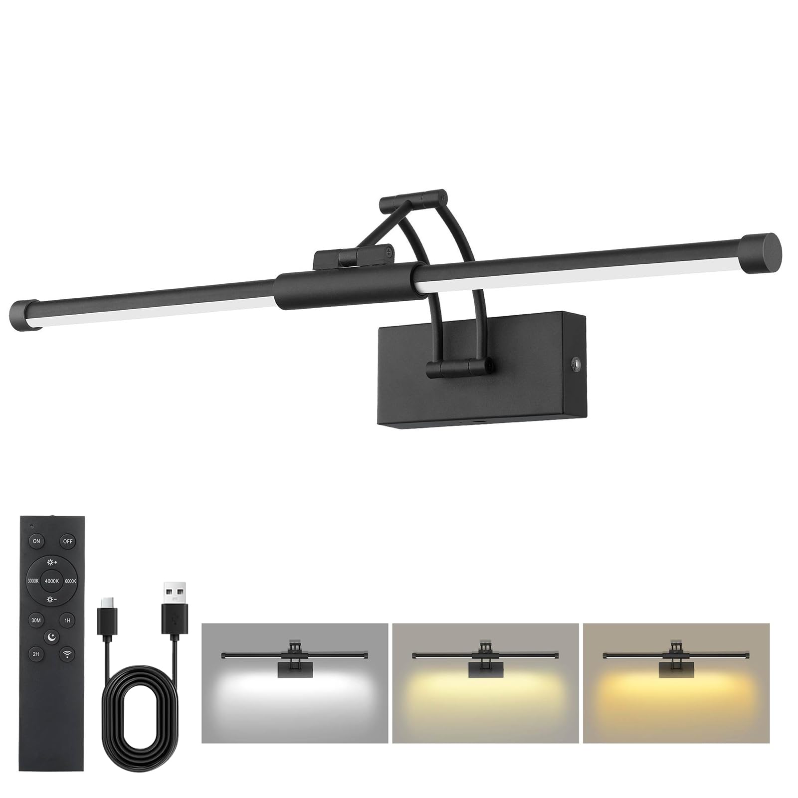 Neymlya 24" Picture Lights for Wall 60cm, 8000mAh Rechargeable Wireless Picture Light with Remote, LED Wall Lights 3000K/4000K/6000K Dimmable, Art Lighting for Paintings Frame Gallery Dartboard, Black