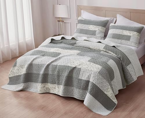 Chezmoi Collection Caleb 3-Piece Muted Gray White Ivory Floral Plaid Rectangular Patchwork Quilt Set - Pre-Washed Cotton Quilted Lightweight Reversible Bedspread for All Seasons, Oversized King 120x96 by Chezmoi Collection - Image 3