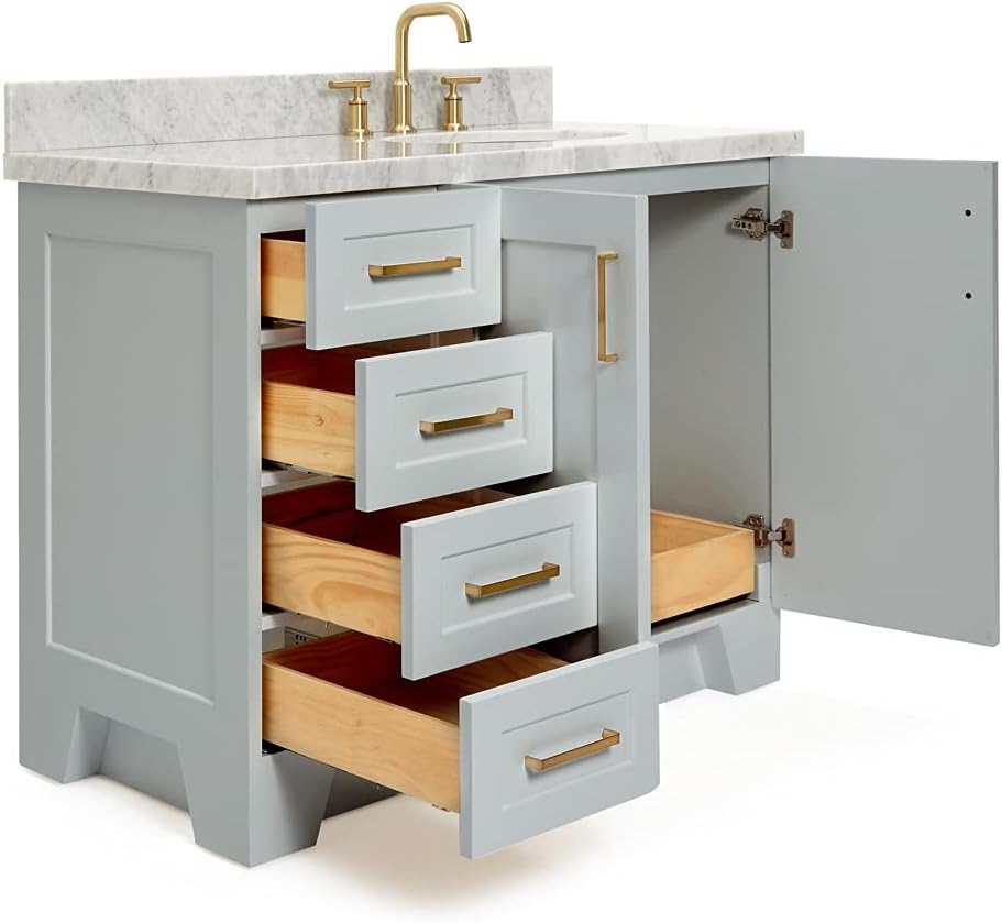 ARIEL Taylor 42-inch Bathroom Vanity with Sink,Solid Wood, 1.5-inch Italian Carrara Marble Countertop & Backsplash, Single Oval Porcelain Sink, 2 Soft Closing Doors, 5 Dovetail Drawers, Grey