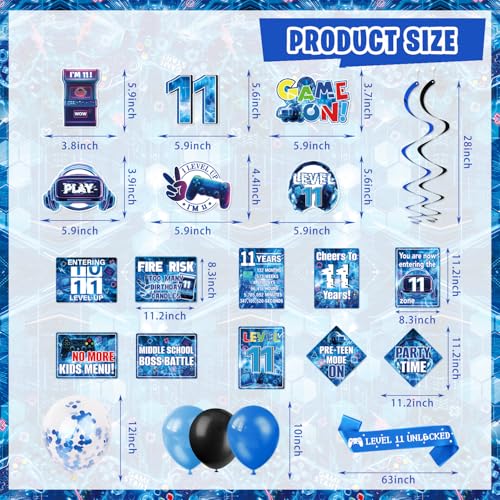 Mpanwen Gamer 11th Birthday Decorations for Boys, Blue Video Game Level 11 Bday Party Decor Supplies for 11 Years Old Boy with Backdrop, Tablecloth, Centerpiece, Hanging Swirls, Hat, Wall Signs by Mpanwen - Used condition - Image 5