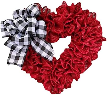 Valentines Day Wreaths for Front Door Outside 16″ Heart Shaped Wreath with Buffalo Plaid Bows for Valentine Decor Outdoor Valentine’s Day Wreath San Valentin Decoration Lover Gift for Party Supplies