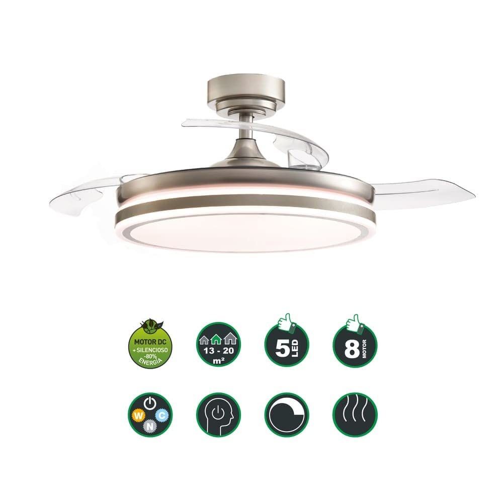 Wentylator sufitowy ILSA LED z wysuwanymi łopatkami, Cichy silnik prądu stałego, 3 CCT ściemnialny 45W, Nikiel