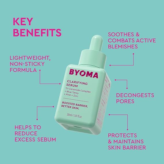 BYOMA Clarifying Serum (30ml) Barrier Repair Facial Serum for Acne Prone Skin, with Ceramides, Blue Tansy, PHA and Zinc for a Balanced and Healthy Skin