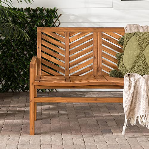 Walker Edison Outdoor Patio Wood Chevron Loveseat Chair, 48 Inch, Brown & Rendezvous Modern 2 Piece Solid Acacia Wood Slat Back Outdoor Dining Chairs, Set Of 2, Brown #TOP3