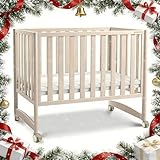 MAMAZING EvoNook 6-in-1 Convertible Mini Crib - Easy Assembly, Portable Folding Baby Mini Crib with Wheels, 100% New Zealand Wood, 4 Adjustable Mattress Heights, Washed Nature with Mattress