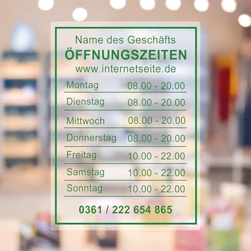 KIWISTAR - Horaires d'ouverture - 210 x 297 mm - vert - autocollant personnalisable - film de fenêtre personnalisé avec texte souhaité - inscription de vitrine - verre dépoli - opaque - adhésif