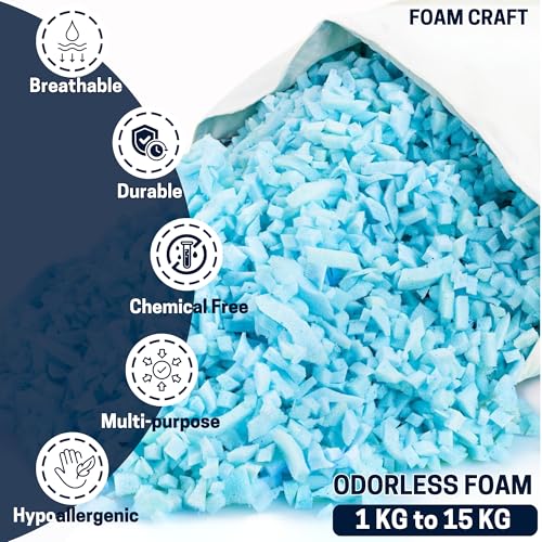 فتات فوم مبشورة ممتازة لحشو بين باج وسرير الكلاب وحشو الوسادة | رقائق فوم بديلة لوسائد الكنبة ووسائد السرير | رغوة الذاكرة المبشورة المريحة للحشو (ازرق، 1 كجم)