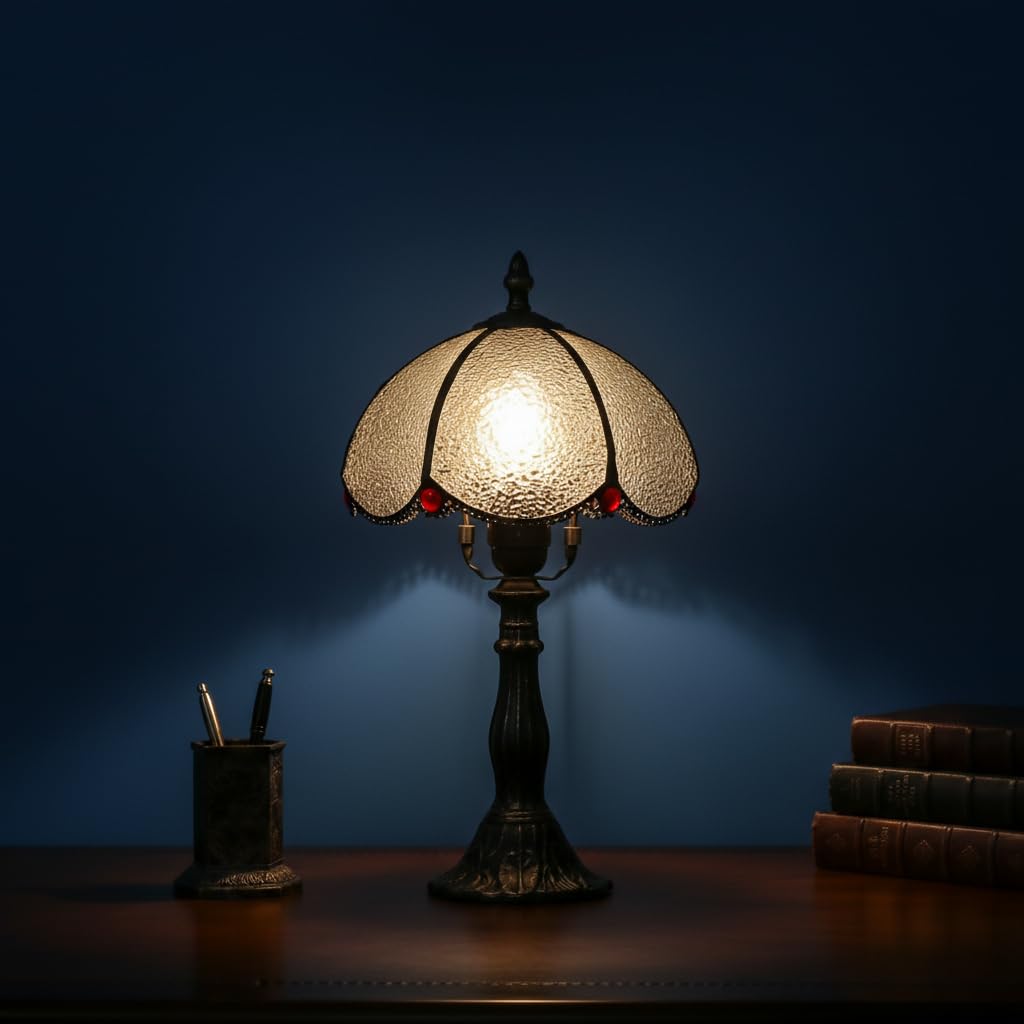 BARCELONA LED Lámpara de Mesa Candice Estilo Tiffany con Pantalla de Cristal Burbuja, Diseño Retro e Industrial, Clásico y Elegante para Sala de Estar, Dormitorio o Mesita de Noche, Vidrio Artesanal