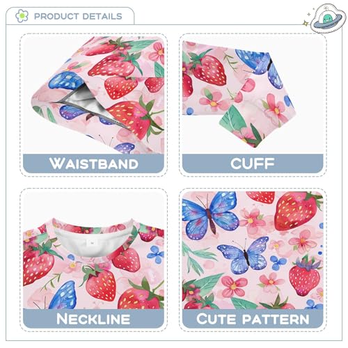 JUNZAN Cute Strawberries Flowers Blue Butterfly on Pink Little Boys Sweatshirts Hoodies Crewneck Kids Hoodies Boys Sports 4T3