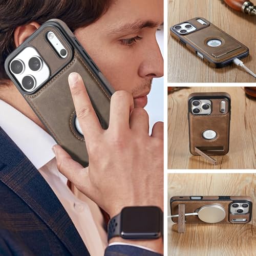 Image of Casus Designed for iPhone 17 Pro Case Compatible with MagSafe Leather Slim Logo View Luxury Elegant Thin Cover with Tempered Glass Screen Protector (2024) 6.3 inch - Grey