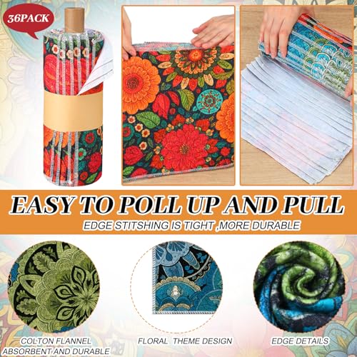 Image of Redbaker 36 Pcs Reusable Paper Towels Rolls Towels Bulk Kitchen Washable Paperless Cloth Cotton Hand Napkins with Cardboard Reusable Napkins for Kitchen Bathroom (Boho Floral Style)