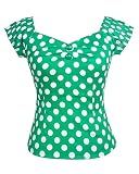 Picture of YARN & INK Women's Rockabilly Top 1950s Polka Dot Floral Pinup Vintage Blouse Off Shoulder Shirt (Polka Dot Green Medium)