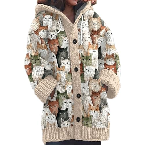 Mfhmom Cárdigan Estilo Noruego Mujer Largo Punto Grueso Oversize Chaqueta con Capucha Suéter Cardigan Estampado Digital con Botones Cuello en V Invierno Otoño Suéter Navideño