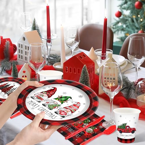 Christmas Plates Set Christmas Dinner Tableware Set Disposable 168Pcs Christmas Party Supplies for 24 Guests Buffalo Plaid Christmas Paper Plates Napkins Cups Plastic Forks Knives Spoons – Image 8