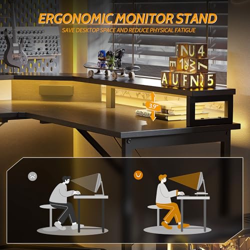 Image of CubiCubi 59 Inch L Shaped Desk with USB Charging Ports and LED Lights, Corner Computer Desk with Drawer and Storage Shelf, Home Office Desks with Monitor Stand and Power Outlets, Black