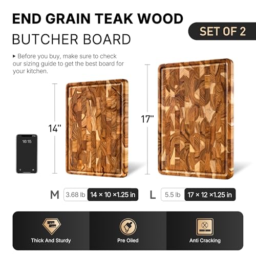 Set de 2 tablas de cortar de madera de teca con patas antideslizantes y ranuras para jugos miniatura 2