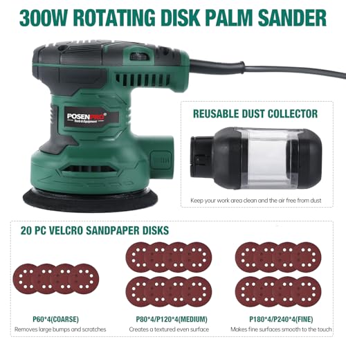 POSENPRO 300W Random Orbital Sander with 20Pcs 125mm Sandpapers, 7000-13000RPM 6 Variable Speed Sander Machine, High Performance Dust Collection System for Woodworking, Dust Collection Box Include 3 POSENPRO 300W Random Orbital Sander with 20Pcs 125mm Sandpapers, 7000-13000RPM 6 Variable Speed Sander Machine, High Performance Dust Collection System for Woodworking, Dust Collection Box Include - Image 3