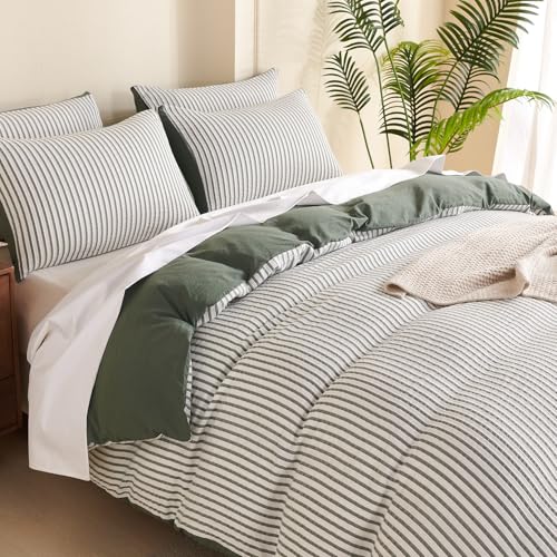 Image of Dark Green Striped Comforter Set King - 3 Pieces Bedding Comforter Set for All Season, Soft Lightweight Washed Microfiber, 1 Striped Comforter and 2 Pillowcases (Dark Green, King Size)