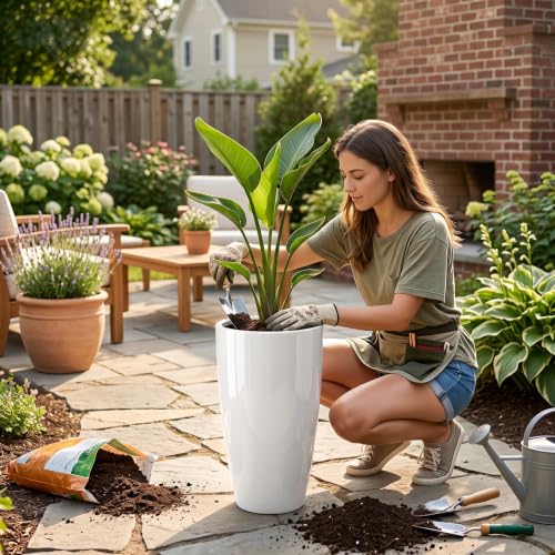 Sun-E Tall Planters for Outdoor Indoor Plants 2 Pack, 21-Inch Large Glossy White Planter, High Gloss Glazed Ceramic-Look Tall Pure White Flower Pots for Bright Entryway Modern Decor by SE SUN-E - Used condition - Image 4
