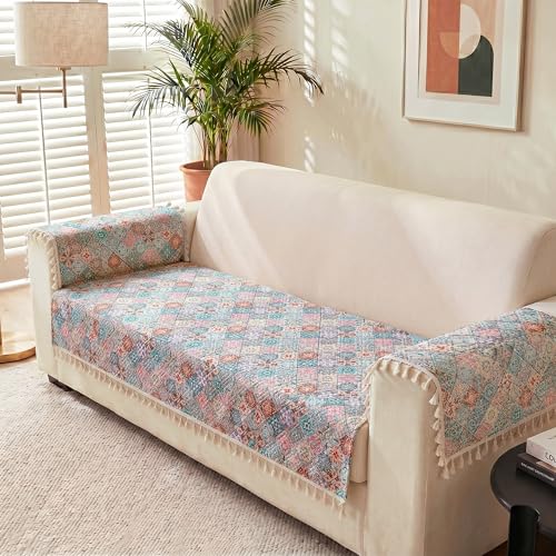 Image of Story@Home Quilted Anti Slip Sofa Cover Mat with 2 Armrest Cover, 2 Seater Velvet Sofa Protector with Tassels | Sofa Cover Mat for 1 /2 /3 Seater & L-Shape Sofa - 76 x 122 Cm - Multi Color