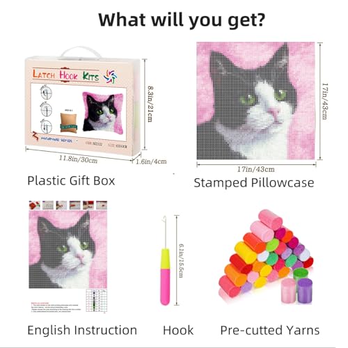 Image of DIY Latch Hook Pillow Kits Black and White Cat with Green Eyes Printed Pillowcase Crochet Yarns Hooking Handmade Pillow Cover Cushion for Home Sofa Decoration 17x17inch-1