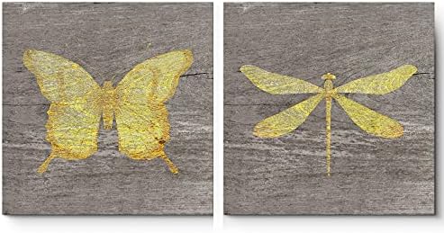wall26 Canvas Print Wall Art Set Yellow Butterfly & Dragonfly Duo on Wood Grain Insects Animals Illustrations Minimalism Chic Relax/Calm Multicolor for Living Room, Bedroom, Office - 16"x16"x2