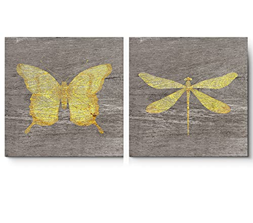 Wall26 Canvas Print Wall Art Set Yellow Butterfly & Dragonfly Duo On Wood Grain Insects Animals Illustrations Minimalism Chic Relax/Calm Multicolor For Living Room, Bedroom, Office - 16"X16"X2 #TOP2