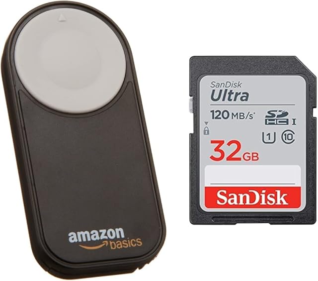 Amazon Basics Wireless Remote Control for Canon Cameras EOS 650D / 600D / 550D/ 500D / 400D / 350D / 5D Mark II / 7D & SanDisk Ultra 32GB SDHC Memory Card, Up to 120 MB/s, Class 10, UHS-I, V10