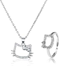 2 Pieces Cute Cat Pendant Necklace, Women Ring, Girl Necklace, Kitten Pendant Ring, Holiday Gift, Cat Gadget, Gift for Mother, Girlfriend, Sister