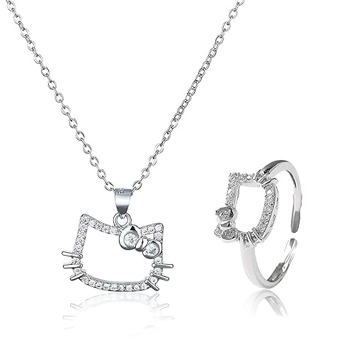 NHPY 2 Stück Hello Kitty Kette, Schmuck Set, Set Ring Und Kette Für Hallo Kitty, Diamant Katze Halskette,Kawaii Bogen Kätzchen Anhänger Halskette,Jewelry, Geschenke Für Mädchen