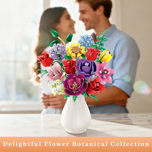 Image of Flower Bouquet Building Set, Compatible with Lego for Adults, 16 Rose Building Block, Artificial Flowers Botanical Collection Kit Home Decor, Gift for Her (907 PCS)