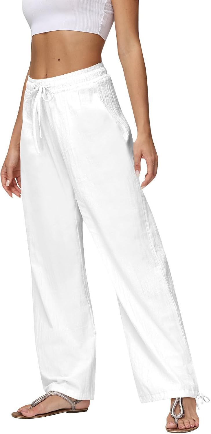 Wide Leg Linen Pants for Women Drawstring High Waisted Loose Beach Pants Summer Casual Work Pants Trouser with Pocket