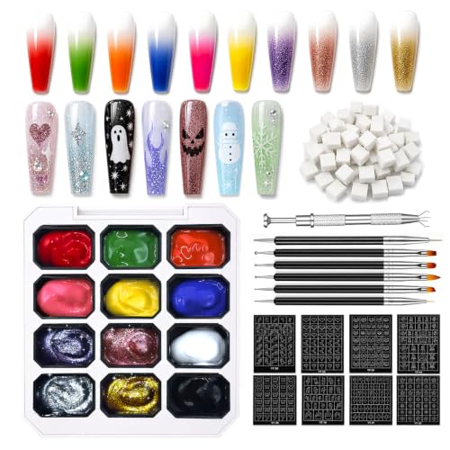 12-Color Patting Gel Polish Palette Kit for Ombre Nails, Nail Art Gel with Sponges, Brushes & Stencils for Aura, Gradient & Painting Designs