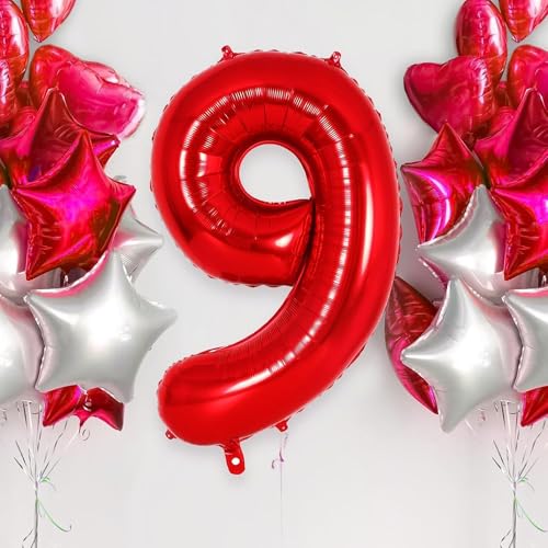 Image of Red 9 Number Foil Balloon with Crown & Base Balloons | 32 Inch Helium Supported for Birthday, Anniversary, Baby Shower Decoration - Pack of 14