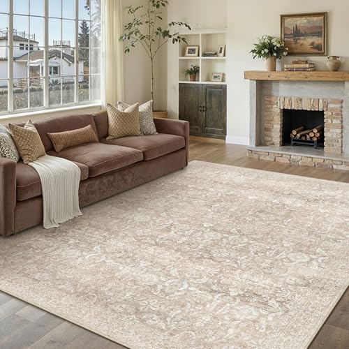 PureCozy Vintage Teppich Wohnzimmer Beige 140x200cm Wohnzimmerteppich Schlafzimmer Waschbarer Weich rutschfest Groß Carpet Bettvorleger Esszimmer Kurzflor Teppiche Carpet Living Room