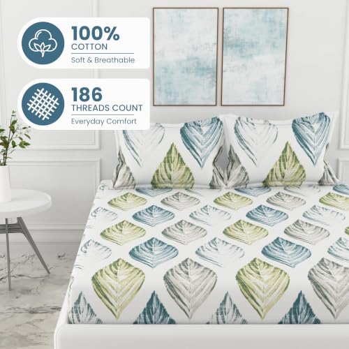 Image of LORETO - A QUALITY LINEN BRAND 186 TC 100% Pure Cotton Double /Queen Fitted Bedsheet with 2 Pillow Covers for 78 x 60 Inch Mattress, All-Around Elastic, 8 Inch Deep Pocket, Teal Blue & Green