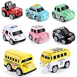 ❤8 Pack Mini Die Cast Spielzeugautos Set: Einschließlich 1 einstöckiger Bus, 1Käferauto,1 Oldtimer, 1Jeep, 1Schulbus, 1Polizeiauto, 1Taxi und 1Krankenwagen. Farbenfrohes Uhrwerk kann Ihrem Kind helfen, Farben und Vokabeln zu erkennen und seine Sprachkenntnisse beim Spielen zu verbessern.