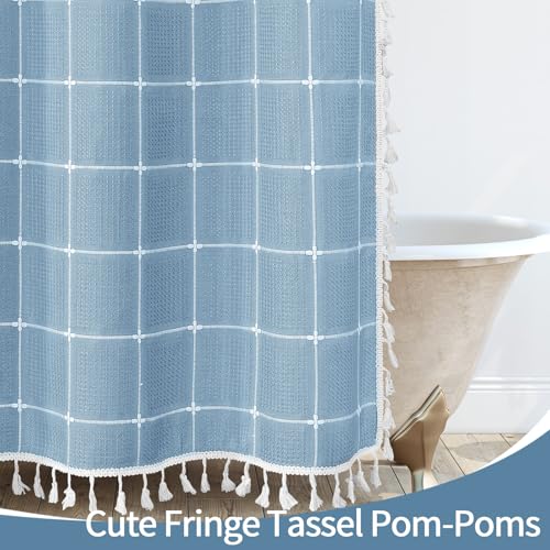 Gibelle Blue Boho Farmhouse Shower Curtain with Tassels, Rustic Cottagecore Aesthetic Bohemian Chic Modern Bathroom Decor Thick Waffle Textured Fabric Shower Curtain Set with Hooks, 72x72 by Gibelle - Used condition - Image 5