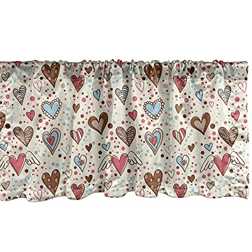 Ambesonne Valentines Window Valance, Hand Drawn Dotted Background With Valentines Day Themed Colorful Heart Shapes, Curtain Valance For Kitchen Bedroom Decor With Rod Pocket, 54" X 18", Brown Beige #TOP25