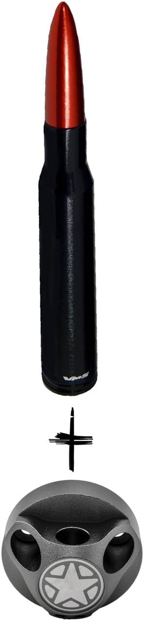 VMS Racing Combo 50 Cal Caliber Black with Red Tip Bullet Antenna & Gunmetal Housing Cover in Billet Aluminum Stubby Short Compatible with Jeep Wrangler JK JL Sport Rubicon Unlimited 07-21 2007-2021