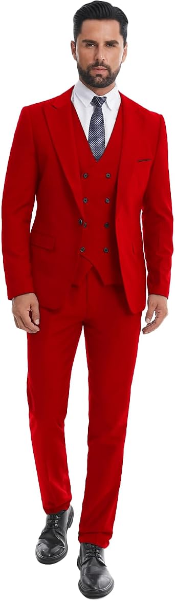 Mens 3 Piece Slim Fit Suit Set One-Button Tuxedo Jacket Vest & Pants for Wedding Prom Business