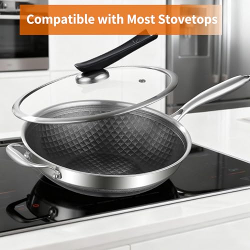 Image of DELARLO 12-Inch Tri-Ply Stainless Steel Nonstick Wok with Lid, Induction | Tri-ply wok heats evenly, works with induction, and is dishwasher and oven safe up to 650F for versatile cooking.