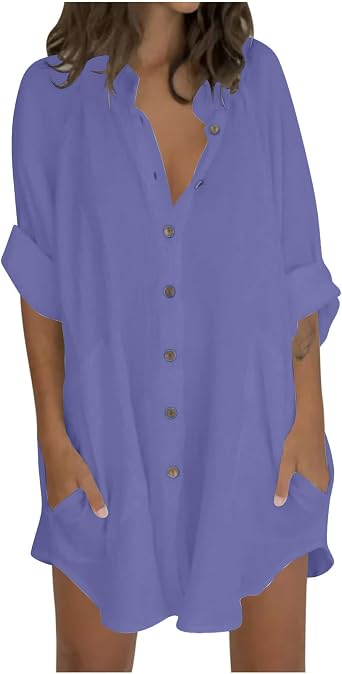 Womens Button Down Blouses Cotton Linen Tops Cover Up Casual Long Sleeve V Neck T-Shirt Oversized Beach Dress Shirts