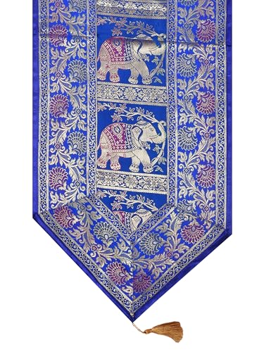 Image of Banarasi Brocade Zari Silk Table Runner Dinning & Centre Table Runner 177 By 30 CM (Blue, Elephant)