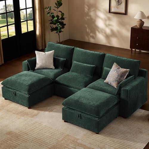 Image of WorthFurni Modern Modular Sectional Sofa,103 inch U Shape Minimalist Couch with Storage Ottoman,Comfty 4 Seat Sofa for Living Room,Green Chenille