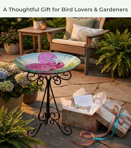 OUISJYER Large Bird Bath for Outside, 18" H Glass Bath Bowl with Metal Stand 28" H Standing Outdoor Birdbaths for Garden Yard Lawn Decor, Flamingo — view 3