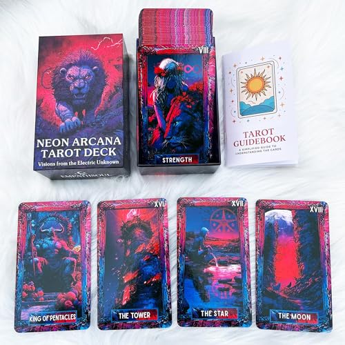 Image of Dark Tarot Deck 78 Cards, Neon Arcana Cyberpunk Tarot Cards with General Guidebook for Adults, Modern Gothic Fantasy Tarot for Shadow Work & Collectors