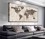World Map Canvas Wall Art Vintage Map of World Pictures Wall Decor Rustic Old Beige Brown Canvas Painting Artwork for Living Room Bedroom Office Wall Decoraitons Framed Ready to Hang 40' X 20'