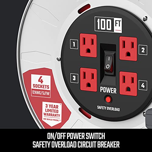 CRAFTSMAN 100 Ft. Contractor Retractable Extension Cord Reel with 4 Outlets & Heavy Duty 12AWG SJTW Cable